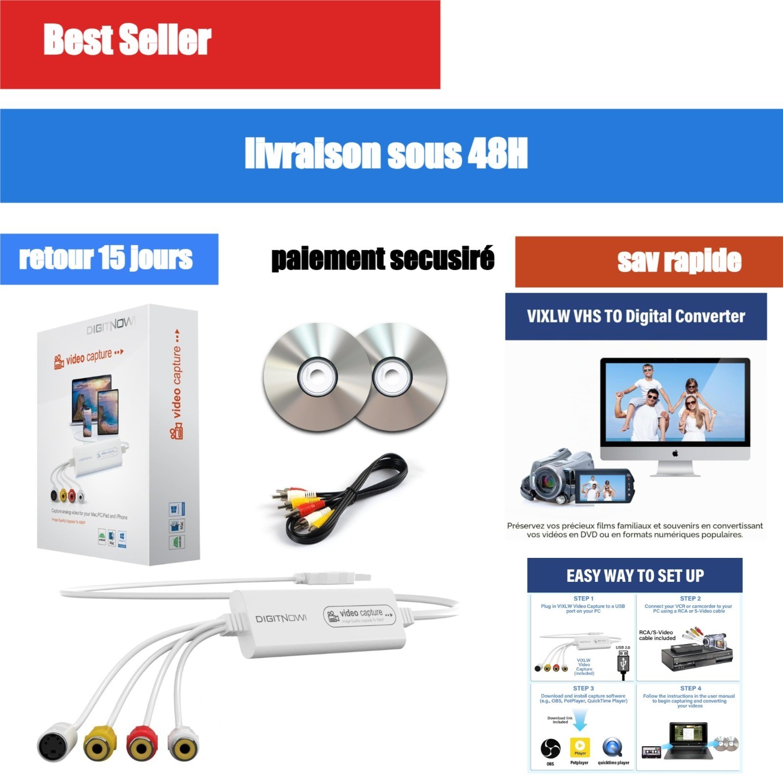 Convertisseur VHS Numerique USB Capture Video PC Mac VIXLW V